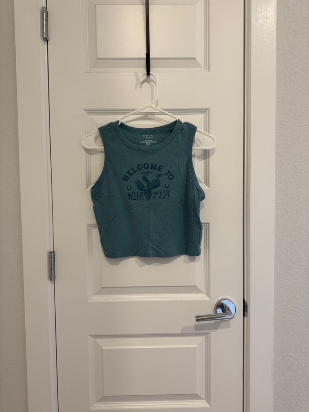 Teal Graphic Cropped Tank "Welcome to Wild West"